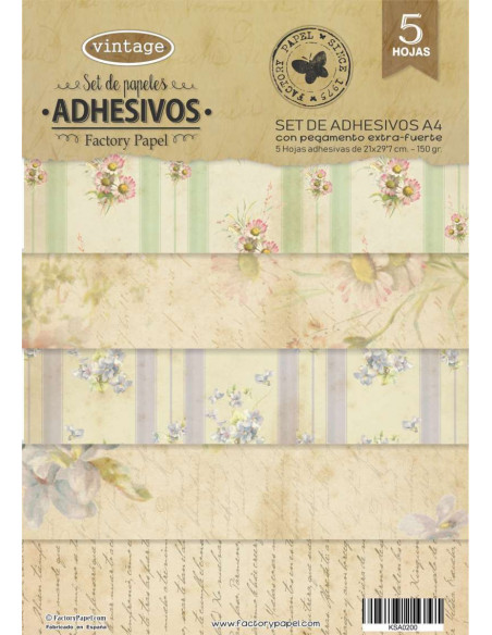 SET 5 PAPELES ADHESIVOS A4 21X29,7 CM. "VINTAGE" KSA0200
