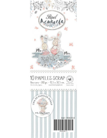 Set 10 Papel Scrapbooking Artesano Premium CONEJOS 10,5X30,5CM. A 280 GR.  PSAC015