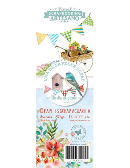 Set 10 Papel Scrapbooking Artesano Premium PICNIC 10,5X30,5CM. A 280 GR.  PSAC028